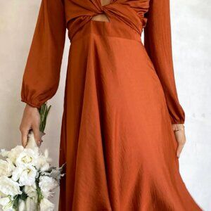 Billy J Starry Nights Dress in Rust Orange - Satin Tie Front Long Sleeve